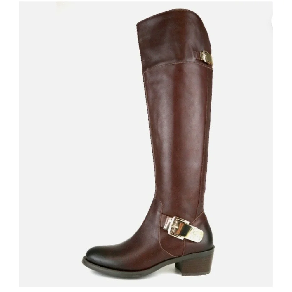 Vince‎ Camuto Over the Knee Leather Boots Cognac Brown Gold Buckle Womens 12 42